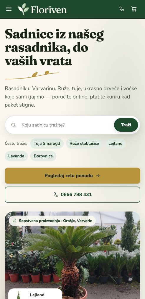 Isti sajt na telefonu: naslov, pretraga sadnica i dugmad za ponudu i poziv