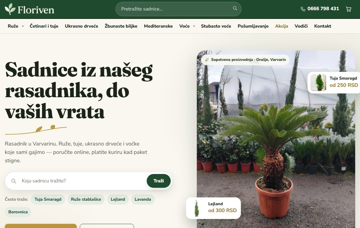 Početna strana sajta Rasadnik Floriven: naslov „Sadnice iz našeg rasadnika, do vaših vrata” i fotografija sadnica u saksijama