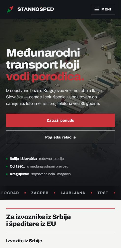 Isti sajt na telefonu: naslov, dugme za ponudu i tri činjenice o firmi jedna ispod druge