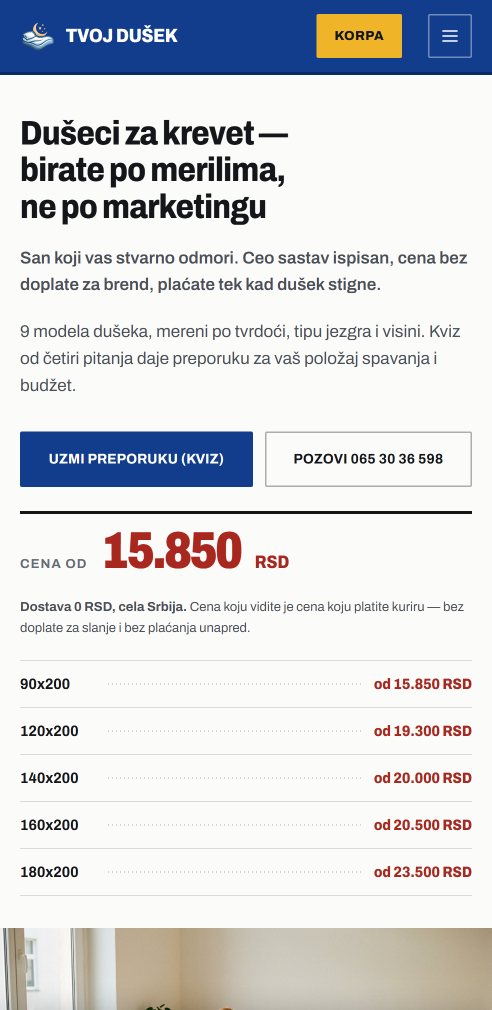 Isti sajt na telefonu: naslov, dva dugmeta i cene po dimenziji jedna ispod druge