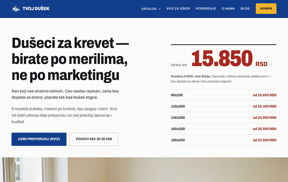 Početna strana sajta Tvoj Dušek: naslov, cena od 15.850 dinara i spisak pet dimenzija dušeka